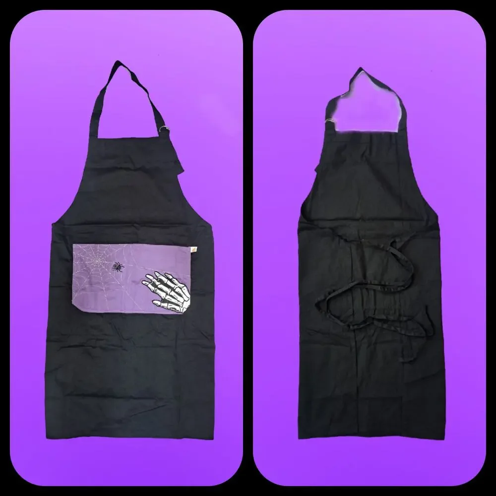 4 piece Spider Web Purple & Black Halloween Kitchen Apron & Pot Holder Set